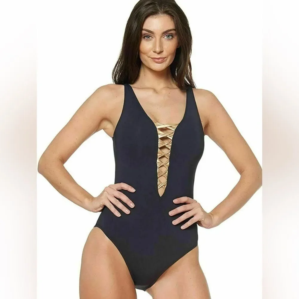 Bleu Rod Beattie Twisted-Front One-Piece Swimsuit Black Gold- Size 8 - Picture 2 of 9